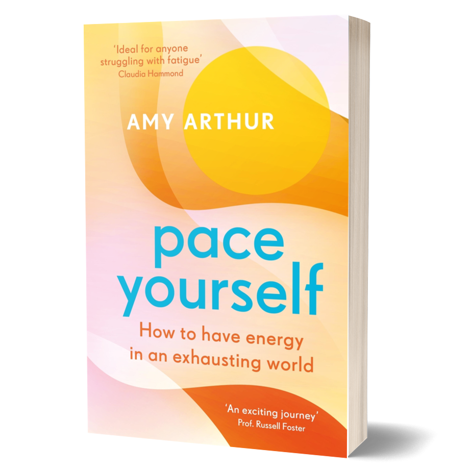 The book cover of Pace Yourself: How to have energy in an exhausting world. It has an abstract design with gradient colours. The main colours are yellow, pink and orange, giving the cover a soft, warm feel.